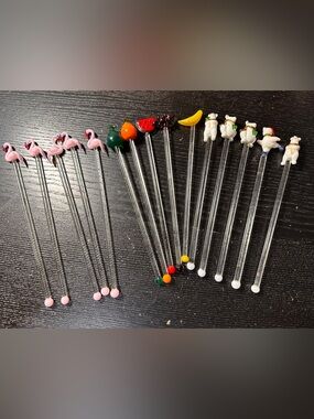 15 Vtg Hand Blown Glass Swizzle Sticks Cocktail Stirrers flamingo, fruit, bears